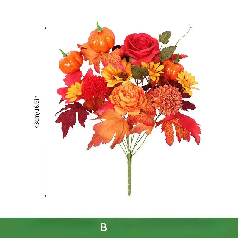 décoration intérieure bouquet fleurs artificielles automnales orange rouge vert noël halloween rustic