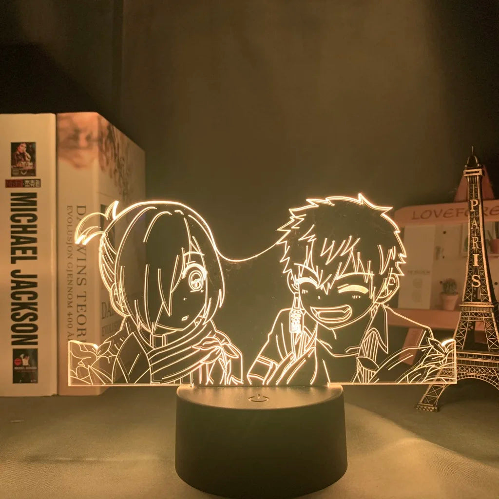 lampe table led transparente moderne illustration 3d personnages embrassant détails valises accessoire base solide