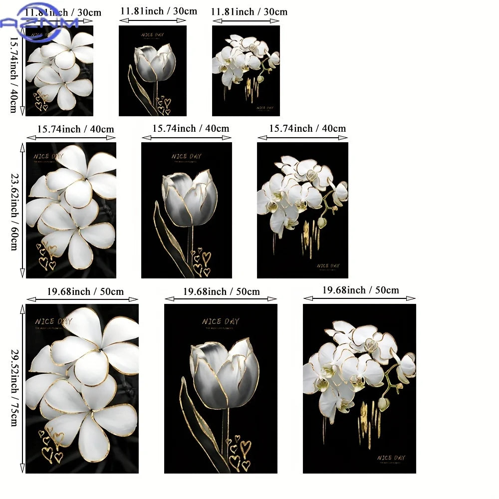 toiles d'art moderne élégantes fleurs stylisées coeurs dorés blanc noir sans cadre