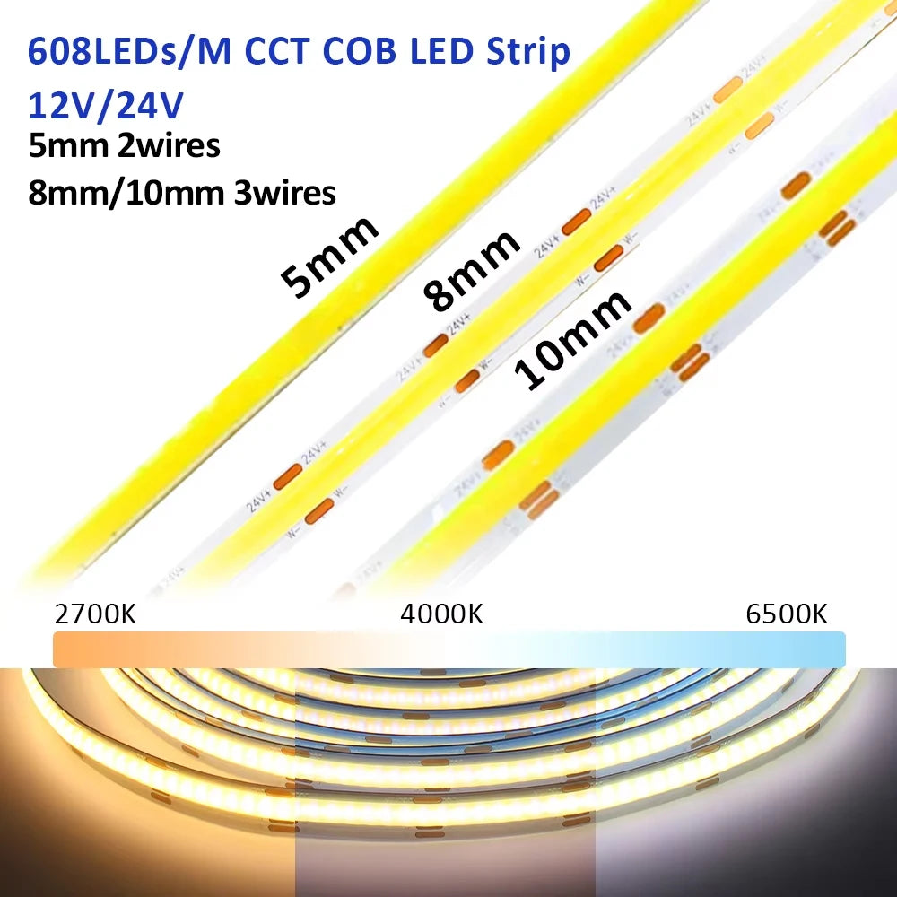 ruban led cob blanc moderne 12v 24v 608led/m 2700k 6500k lisse opaquet dimmable