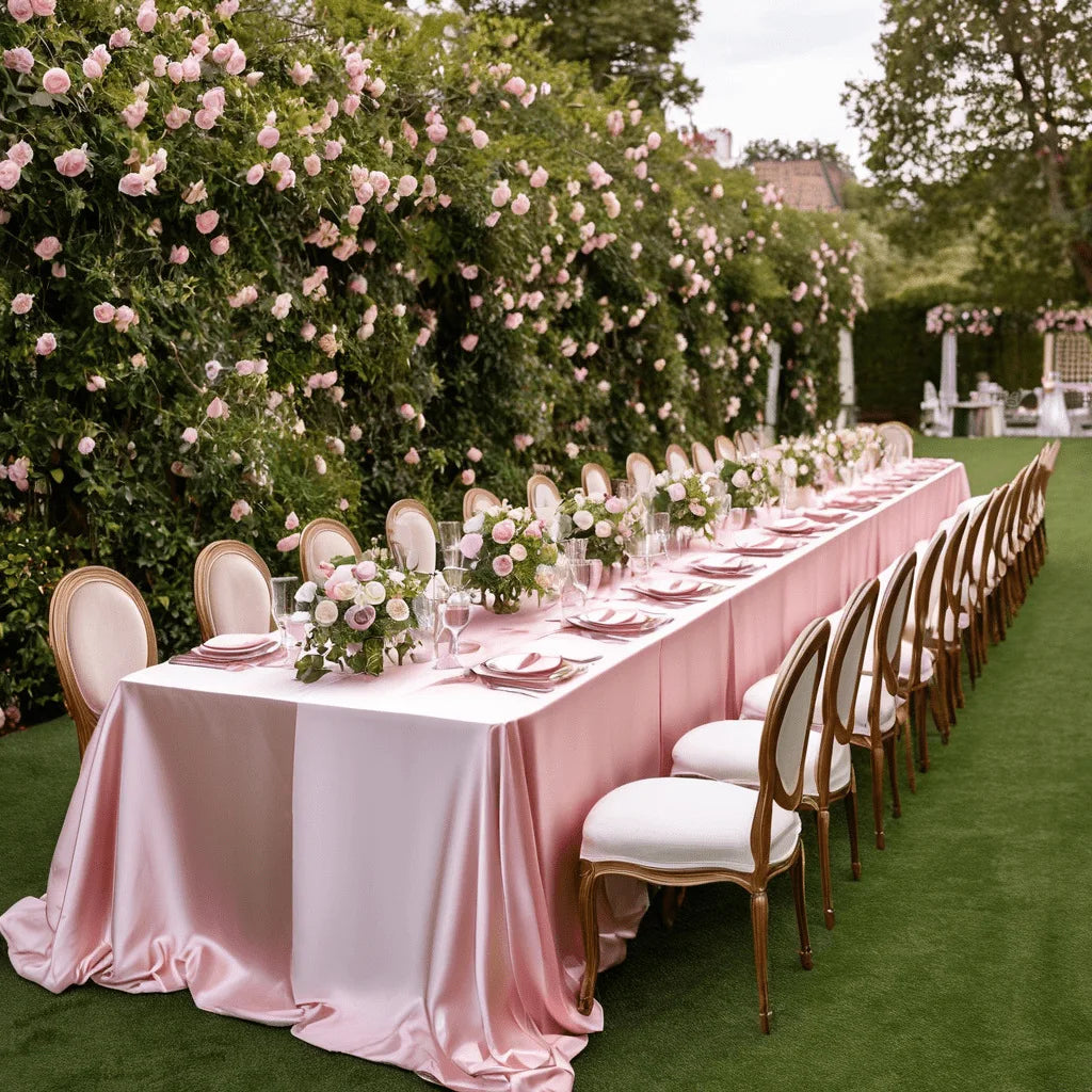 nappes satinées blanc rose noires tables longues mariage fêtes élégantes