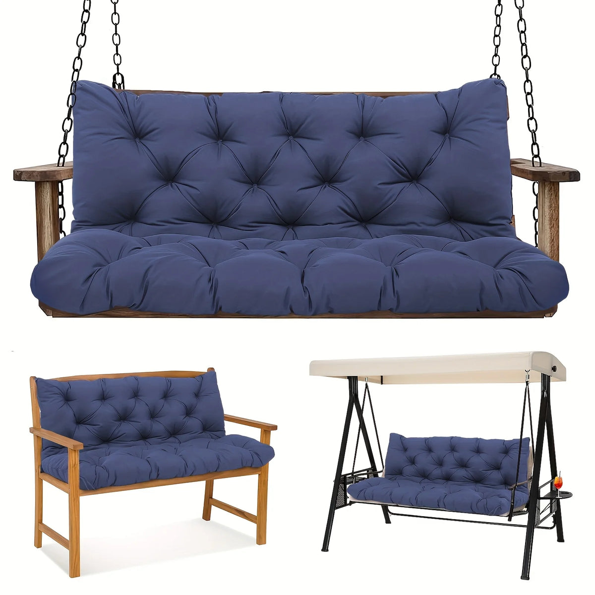 coussin balançoire imperméable bleu marine tufté moderne chaînes métalliques 120cm 100cm hand wash only