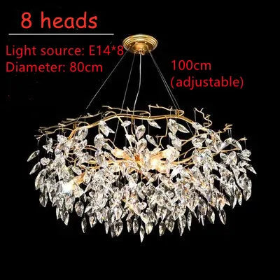 lustre moderne pendentif cristal doré feuilles stylisées led salon chambre