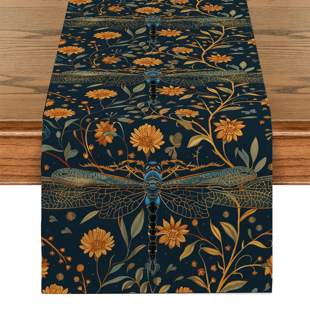 chemin table vintage motif floral dragonfly polyester noir or rouge jaune bleu artisanal