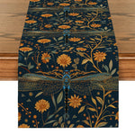 chemin table vintage motif floral dragonfly polyester noir or rouge jaune bleu artisanal