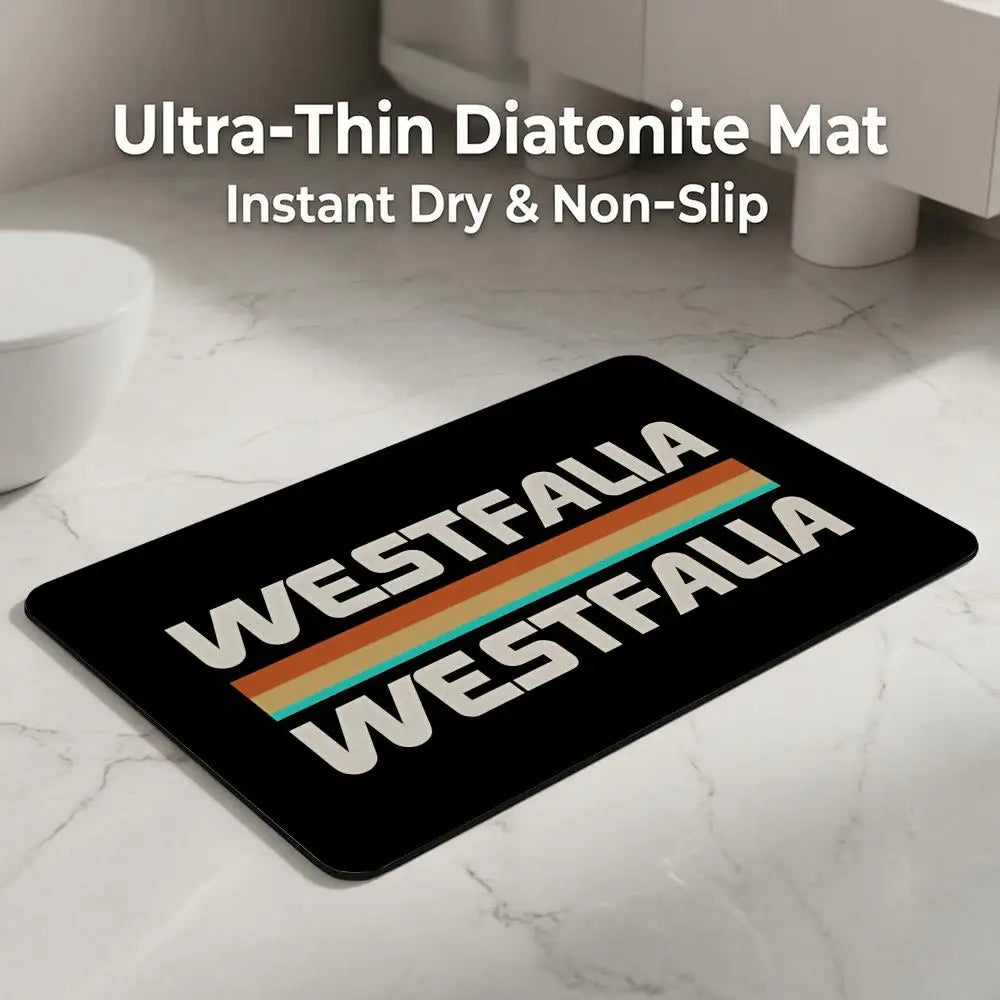 tapis sol antidérapant noir blanc lettres westfalia lignes colorées vintage minimaliste camping car bain
