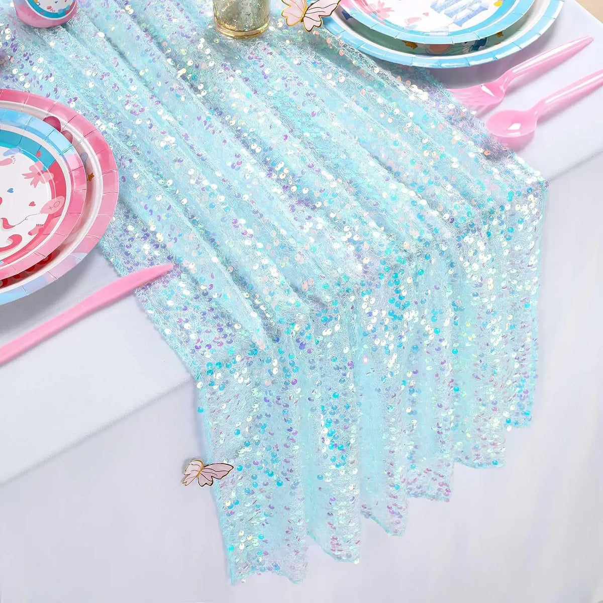 nappe festive séquins irisés transparent violet rose turquoise blanc anniversaire décoration scintillante assiettes gobelets