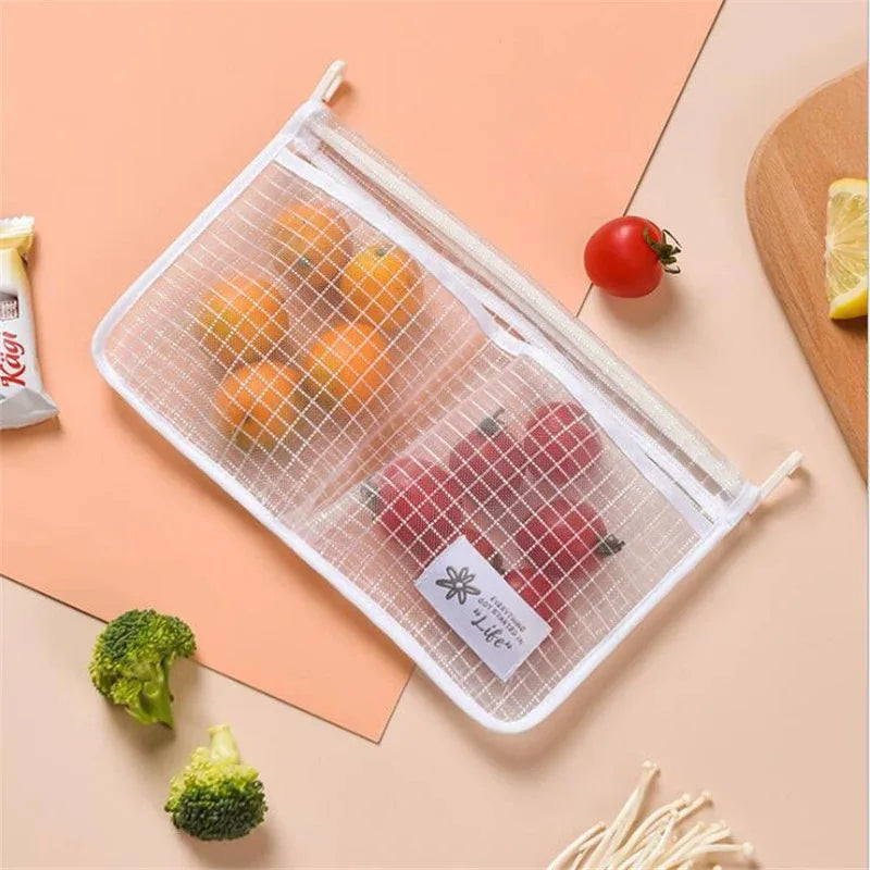 organisateur porte réfrigérateur sac transparent maille polyester réutilisable moderne crochet étiquette rangement cuisine