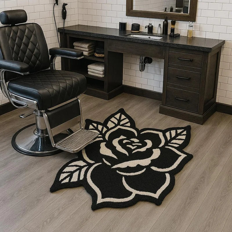 tapis noir blanc fleur stylisée moderne antidérapant intérieur extérieur plage