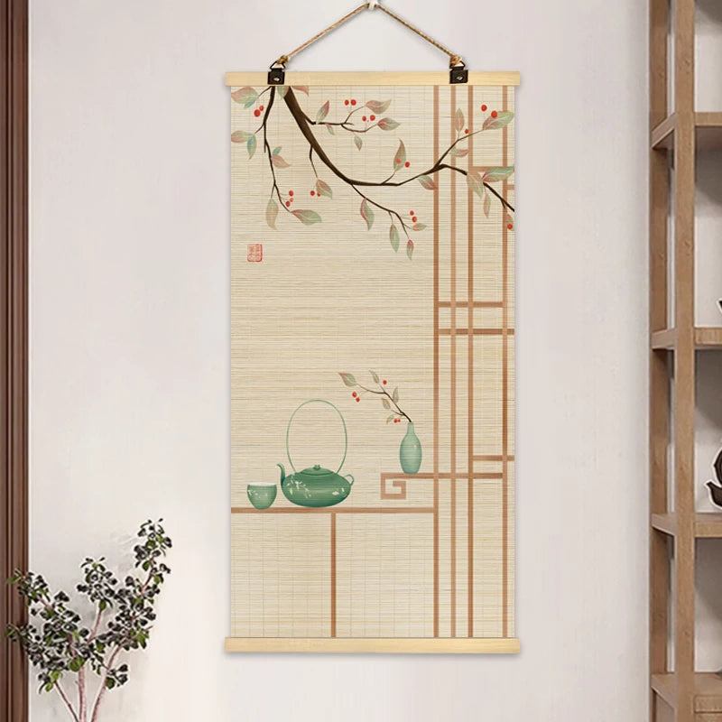 rideau rouleau bambou art traditionnel oriental fleurs oiseaux motifs crochets métalliques opaques entrée maison