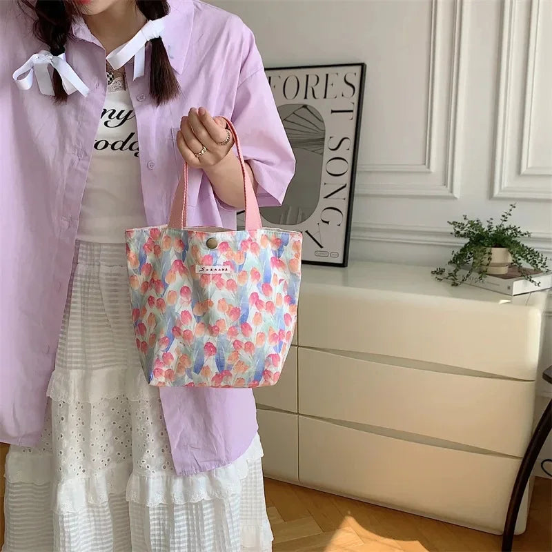 sac provisions toile multicolore fleurs moderne sans fermeture éclair poignées pique nique étudiant lunch