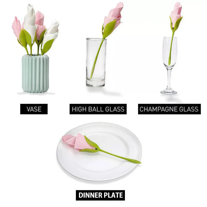 outil pliant fleur serviettes decor table papier plastique rose blanc violet rouge vases assiettes