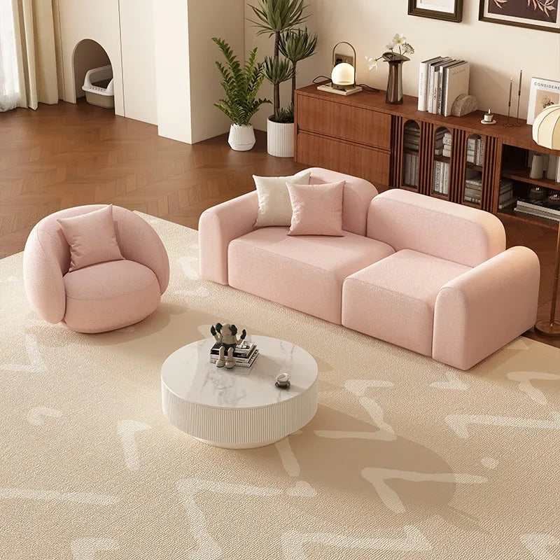 canapé moderne rose clair uni bois salon minimaliste 210cm 170cm 240cm coussins