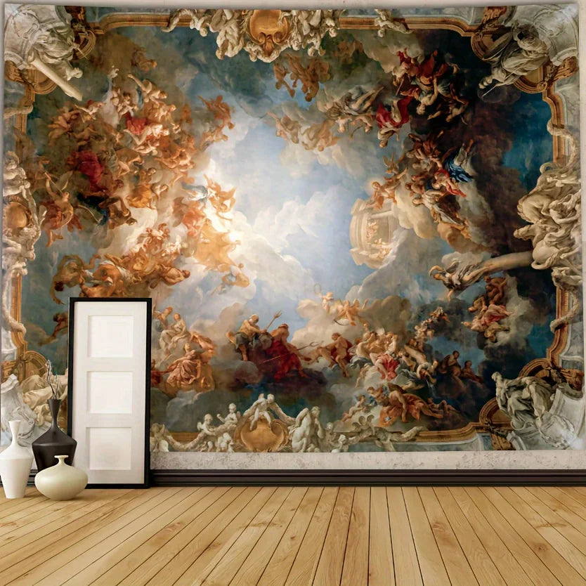 tapisserie murale baroque bleu or scène nuageuse figures humaines occasion mariage anniversaire festive