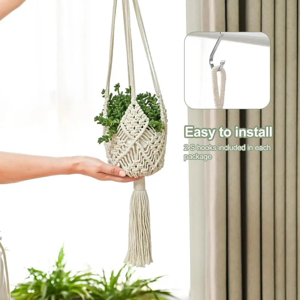sac suspendu macramé boho hooks plante tissé beige marronclair gris artisanal
