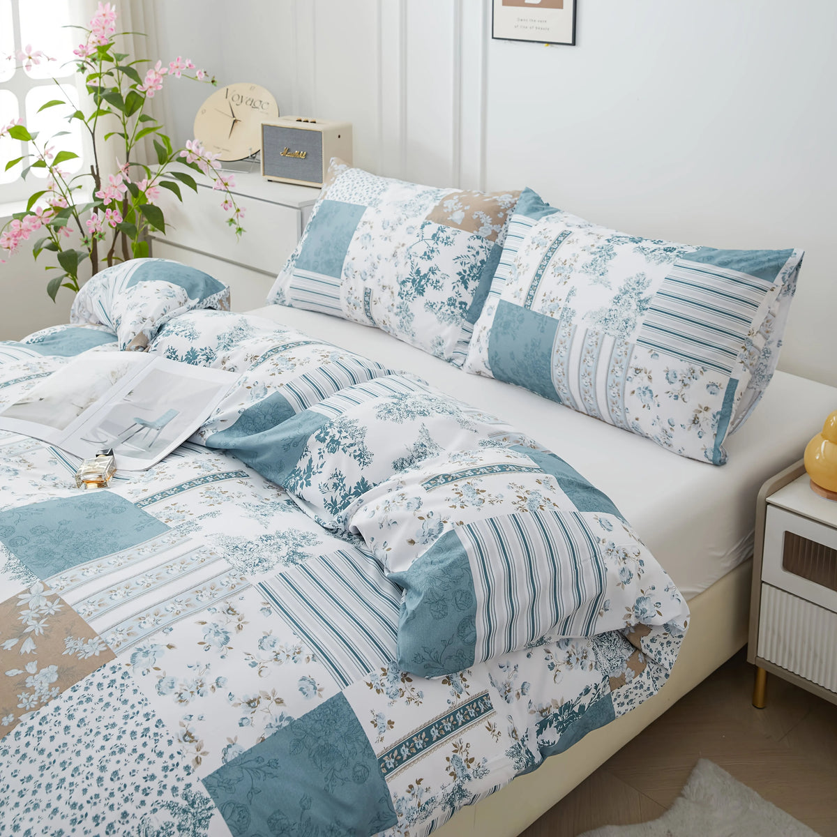 ensemble literie bleu patchwork moderne oreillers taies d'oreiller drap plat polyester brossé impression 3d