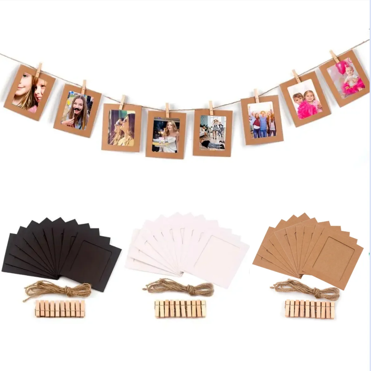 cadres photo marron noir blanc texture kraft vintage clips bois cordelette anniversaire mariage baptême