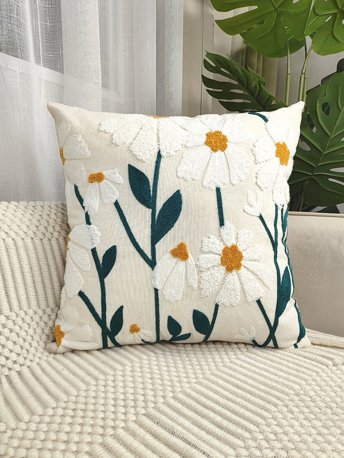 taie d'oreiller brodée fleurs marguerite 100% polyester décoratif salon voiture opacité blanc jaune vert