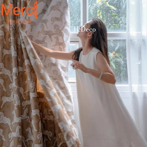 rideau translucide beige motif cheval blanc moderne décoratif salon chambre salon maison tissu polyester