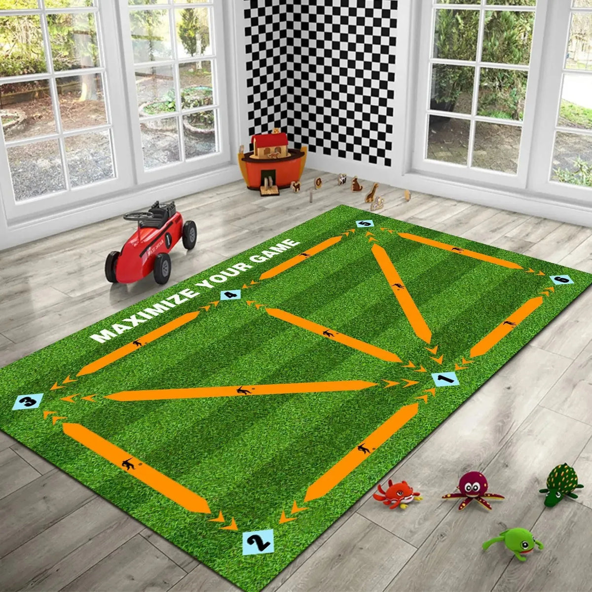tapis football antidérapant polyestère moderne vert jaune bleu lignes blanches