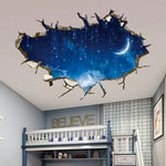 sticker mural 3d ciel bleu nuages étoiles béton fissuré adhésif chambre toit
