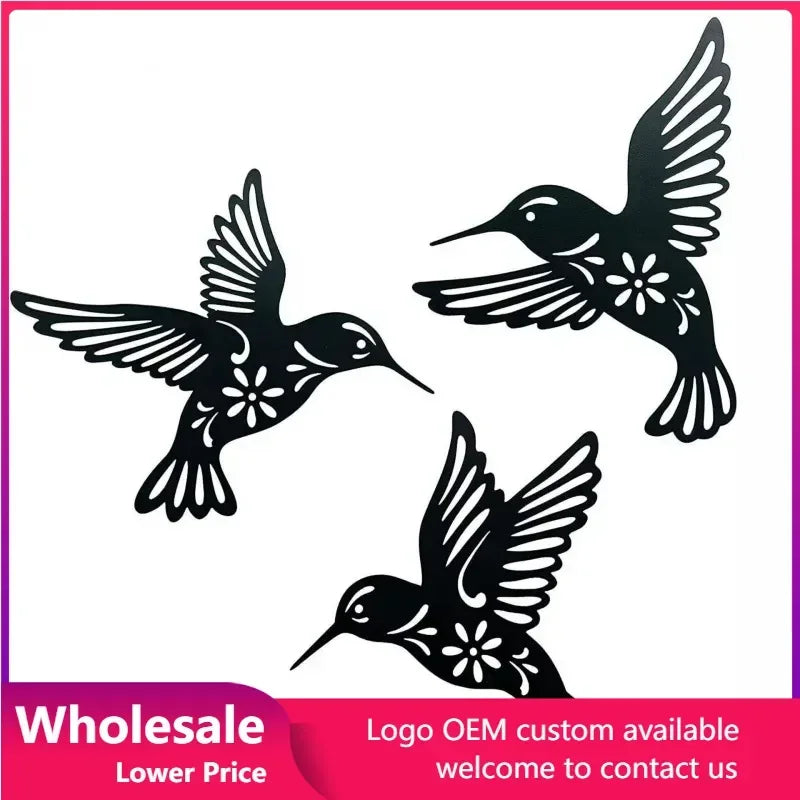 décoration murale oiseaux colibris métal noir motifs fleurs adhésif moderne artisanal trois pièces