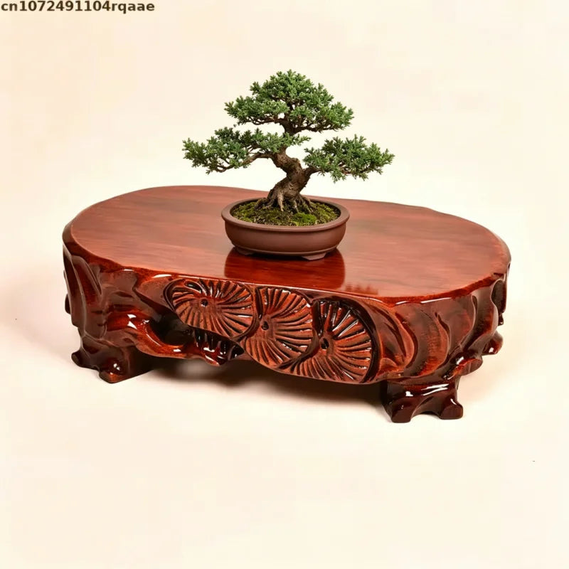 support bonsaï bois sculpté motifs floraux artisanal marron foncé unique présentation plante fleur