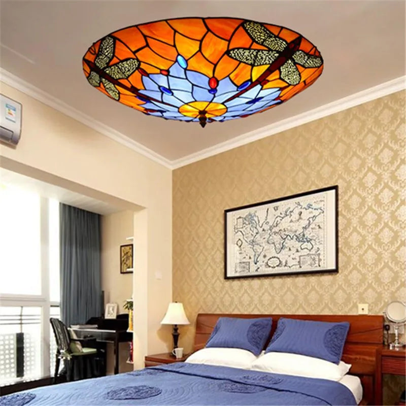 plafonnier tiffany floral orange bleu vert blanc rouge touches interrupteur led vis chromé