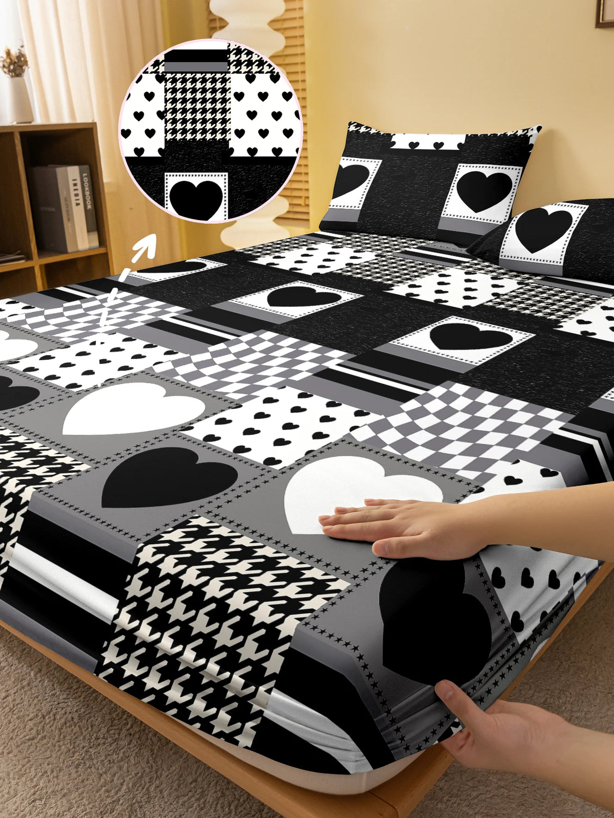 drap housse géométrique moderne noir blanc cœur patchwork polyester lit chambre