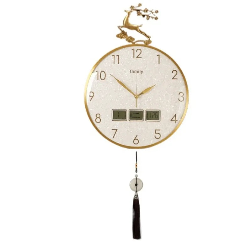 horloge murale moderne ornement cerf cadre doré aiguilles tissu noir pompon nouveau chinois