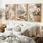 toiles d'art moderne fleurs oiseau tulipes minimaliste blanc roseclair vertDecorationMurPrintanière