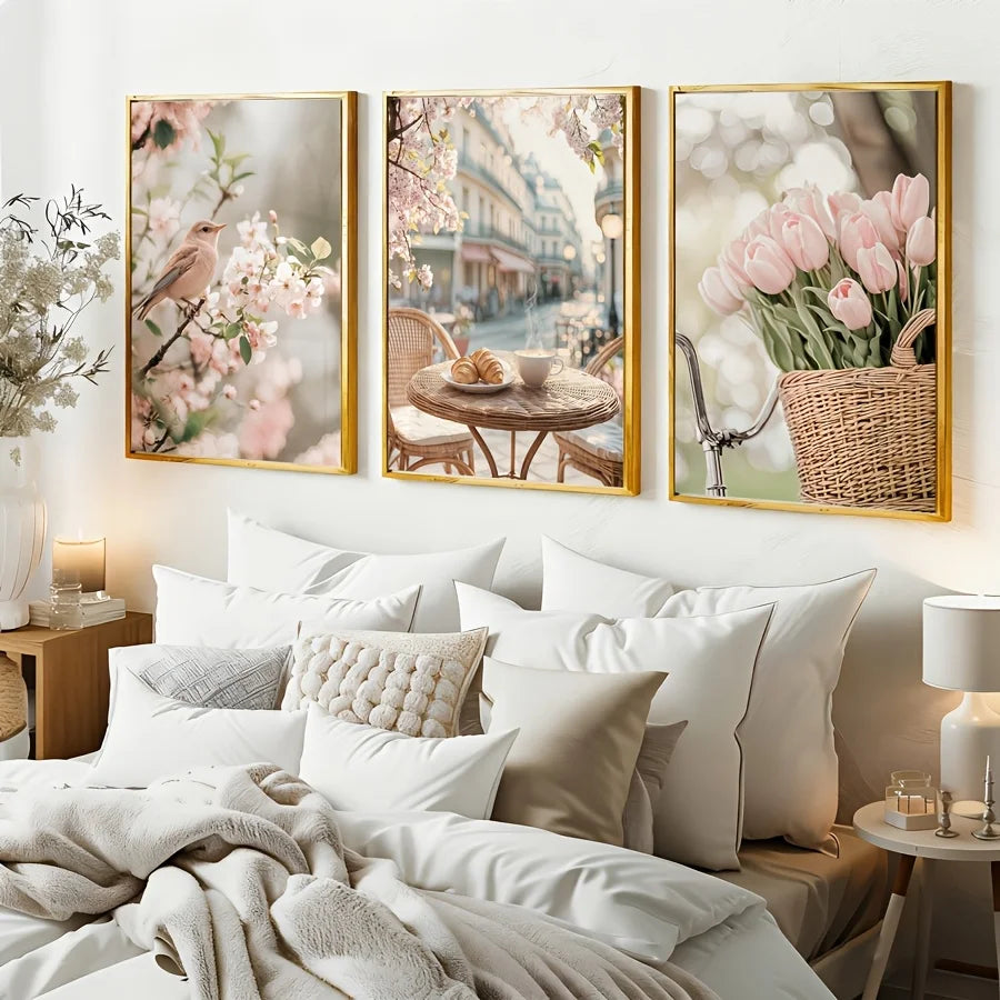 toiles d'art moderne fleurs oiseau tulipes minimaliste blanc roseclair vertDecorationMurPrintanière