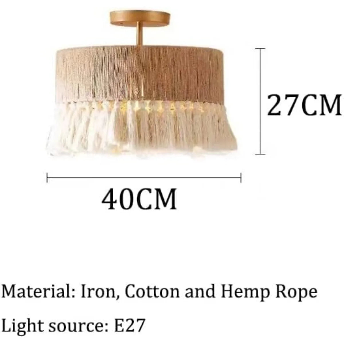 lampe suspendue moderne bohème tissu tressé franges blanches 40cm beige blanc