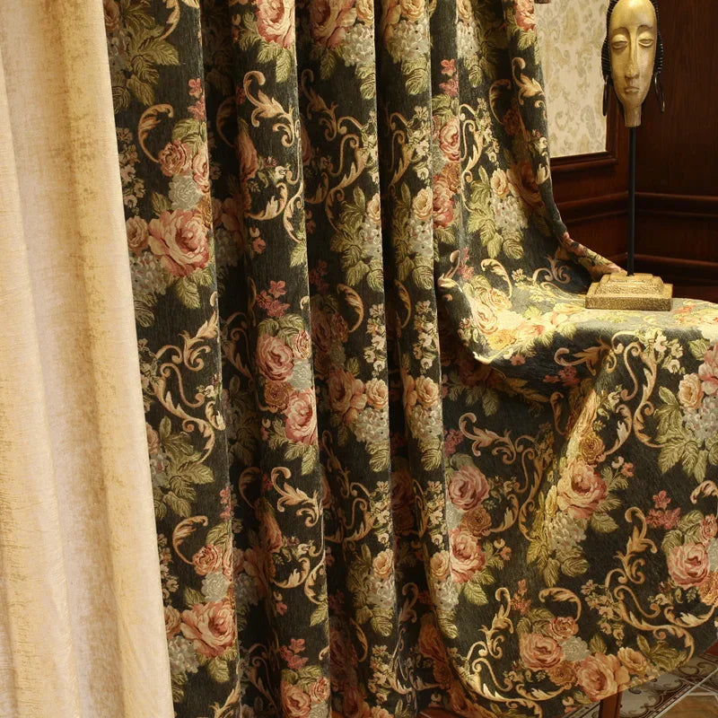 rideaux floral vert foncé motifs végétaux broderies semi transparents baroque