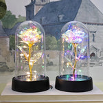rose artificielle verre transparent led bleu doré décoration intérieure anniversaire saint valentin préparation mariage