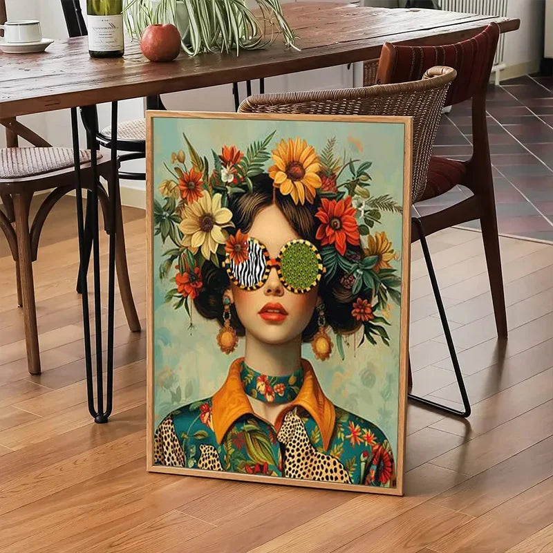 tableau toile art fleurs papillons lunettes moderne décoration mur salon cadre bois