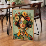 tableau toile art fleurs papillons lunettes moderne décoration mur salon cadre bois