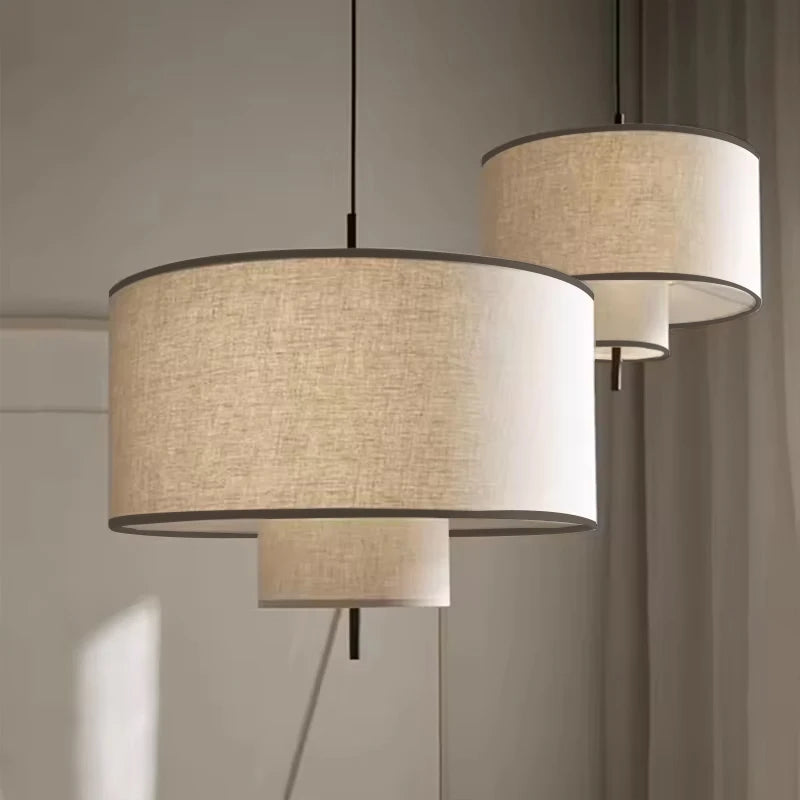 lampe suspendue moderne abat jour tissu texture lin trois tailles différentes lumière chaude blanc