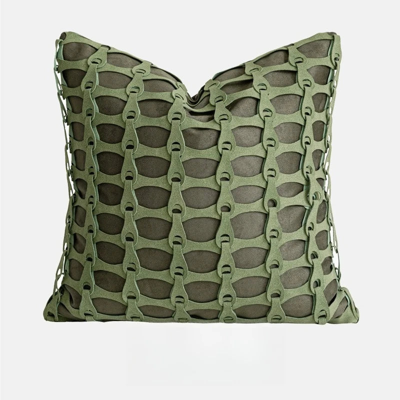 housse coussin vert olive motif géométrique contemporain polyester respectueux environnement coussin