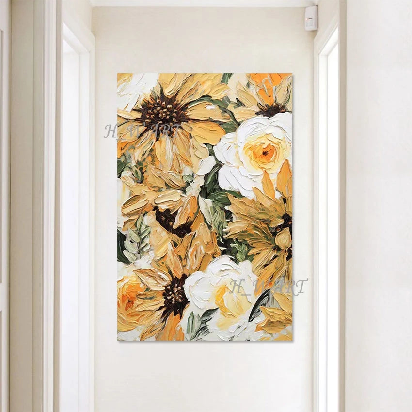 tableau abstrait impressionniste fleurs tournesols roses toile murale moderne sans cadre vertical huile