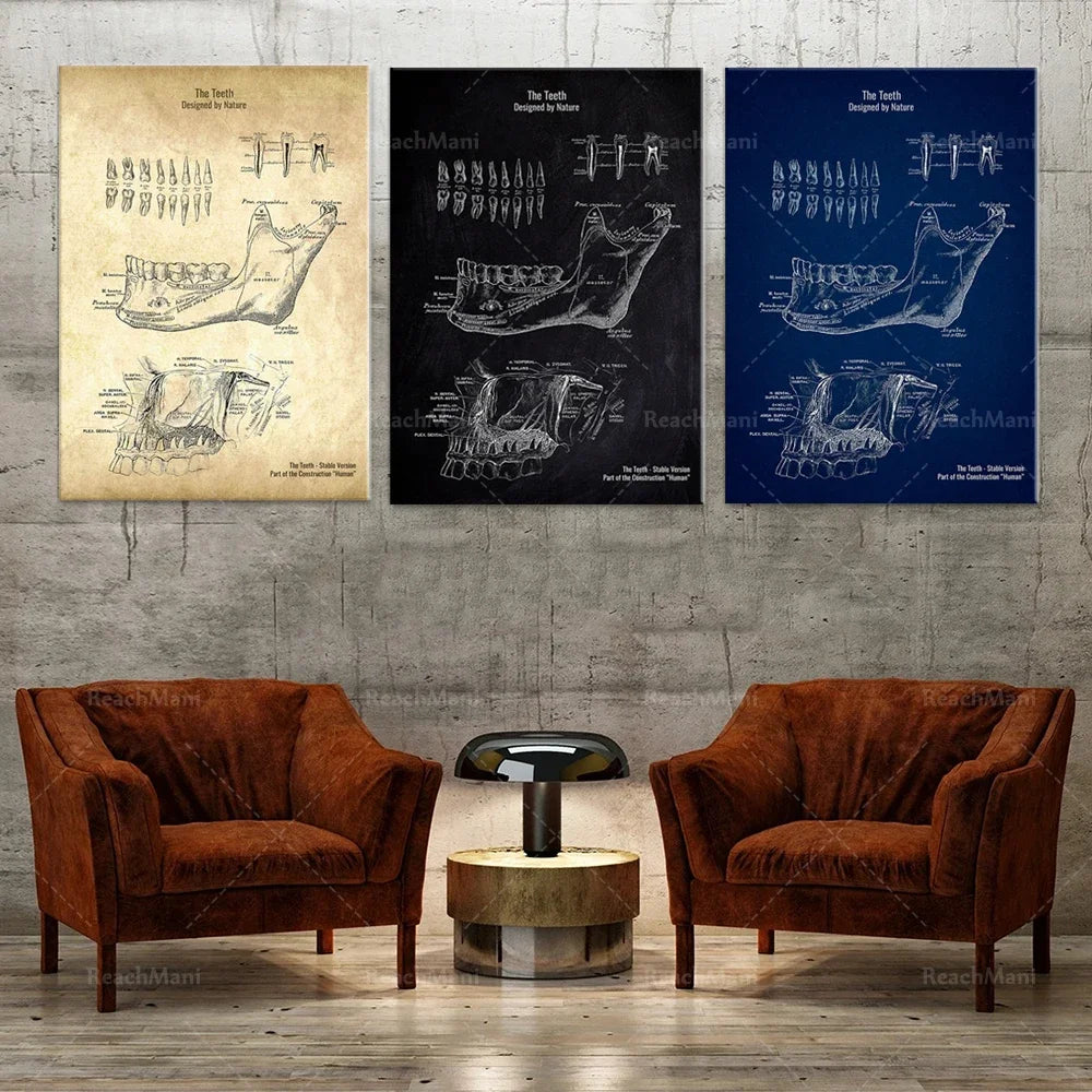 Des affiches d'anatomie dentaire ornent les murs, encadrées dans des couleurs neutres, tandis que deux fauteuils en cuir marron invitent à la détente dans ce cadre élégant.