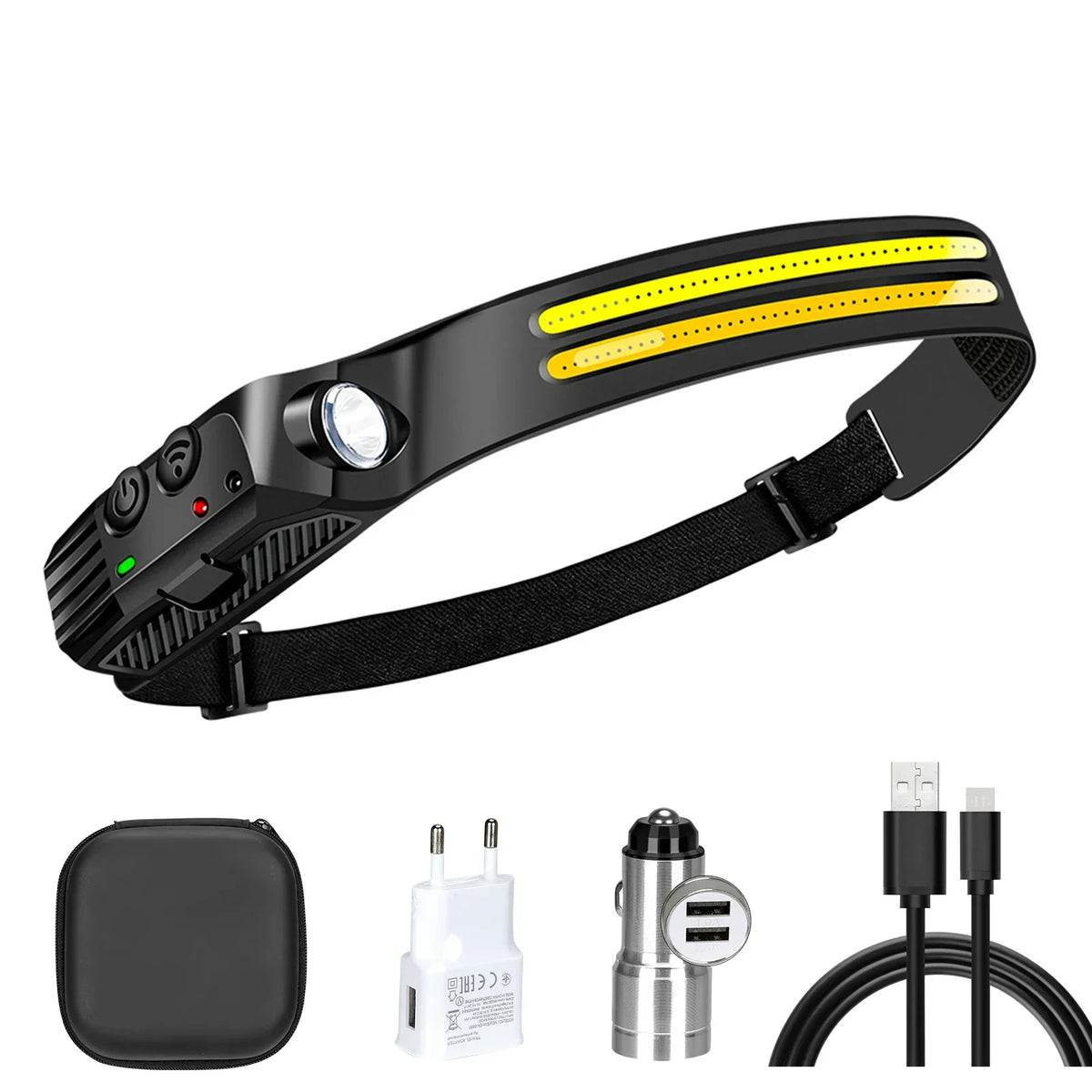 lampe frontale rechargeable led noir jaune blanc rayures moderne compact ceinture camping