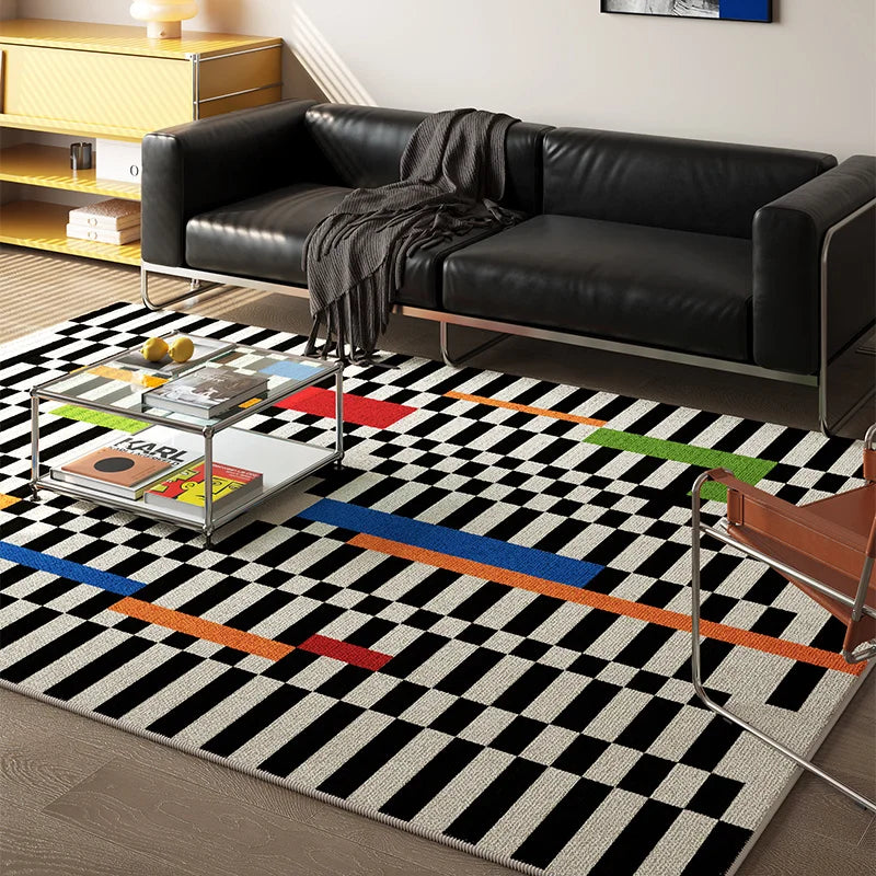 tapis géométrique moderne carreaux noirs blancs lignes colorées durable antidérapant intérieur extérieur