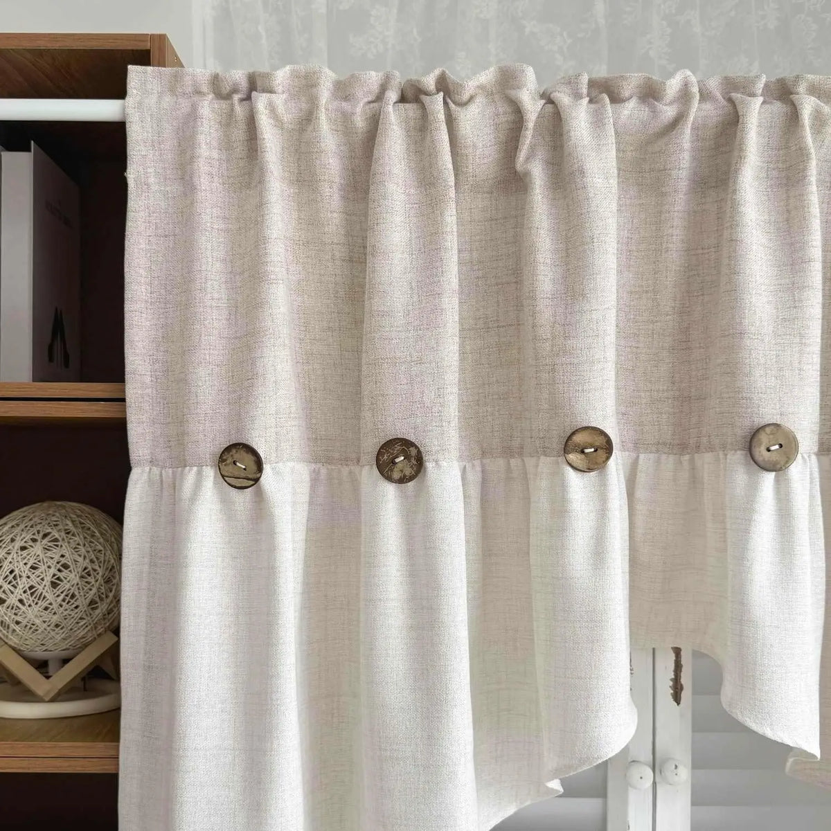 rideau triangle bois texturé beige blanc gris rustique chambre salonôtel large semi transparent tringle