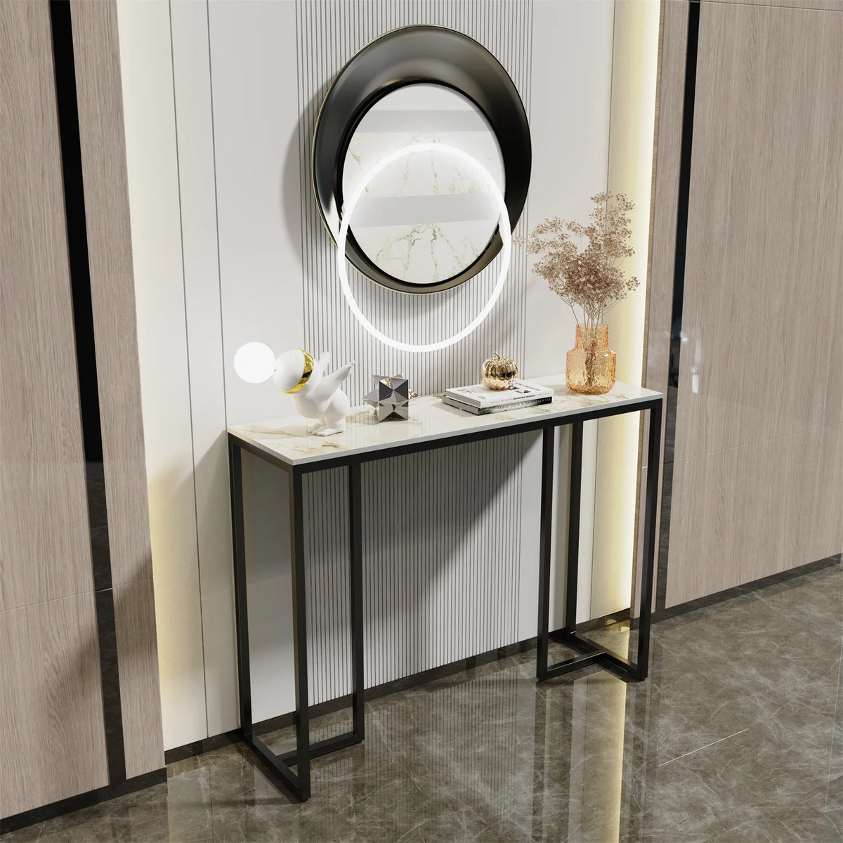 table console moderne marbre blanc noir minimaliste pieds simples