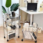 chariot roulettes transparent moderne compartiments striés rangement cosmétiques objets divers