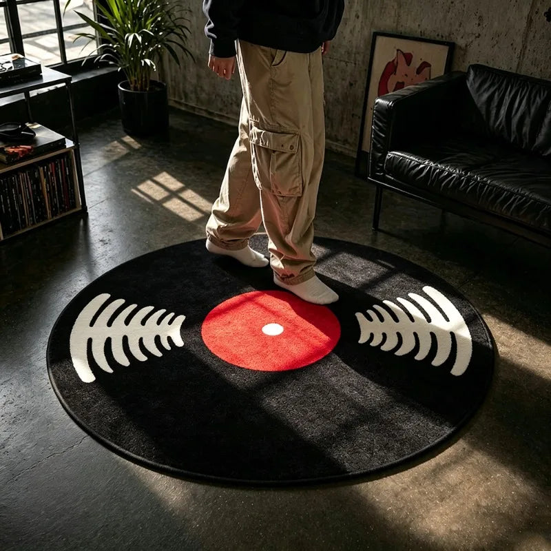 tapis noir blanc rouge disques vinyle moderne salon chambre décoratif 100x100cm 120x120cm 160x160cm 200x200cm