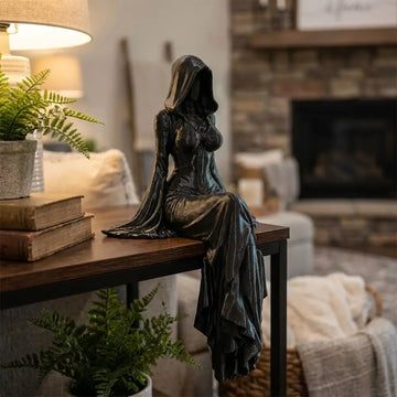 statue gothique femme assise capuche robe noire texture tissu drapé opaque décoration mystérieuse moderne