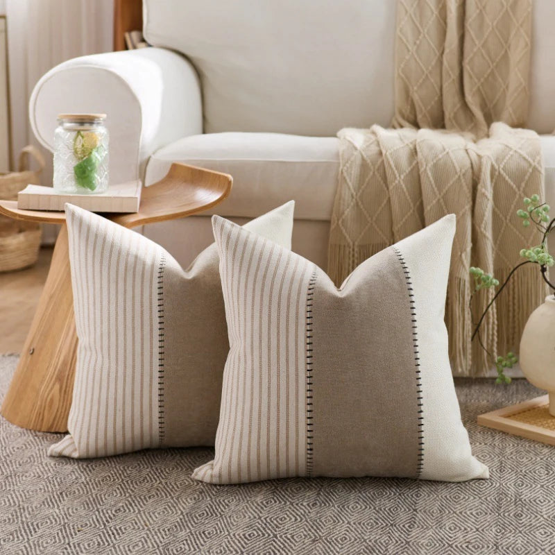 Coussins décoratifs rustiques rayés lin coton beige blanc rose bleu marine adhésifs