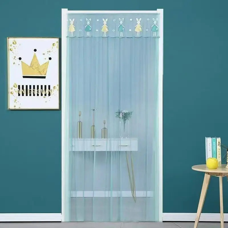 rideau porte transparent motif animaux brodés couleur bleu violet blanc enfantin